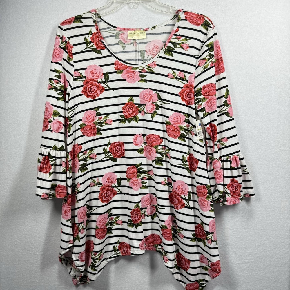 Bobbie Brooks Shirt Womens Small Floral Stripe Bell Sleeve Blouse‎ Top
